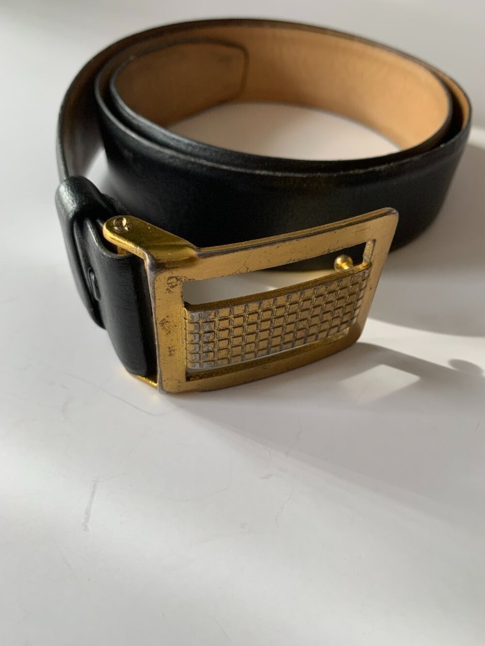 Vintage M. St. Honore Cowhide Leather Belt Size 36 Gold Tone Buckle